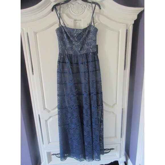 NWT Vera Wang Navy Blue Sheer Floral Lace Satin Striped Gown Dress 8 $295 - Picture 3 of 8